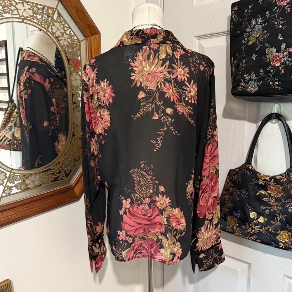 VTG Y2K Emma James Sheer Black Pink Floral Long Sleeve Button Up Dark Femme Top - Picture 5 of 8